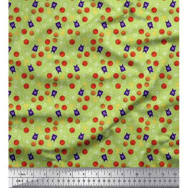 Soimoi Rayon Fabric Trophy,Timer Clock & Basketball Sports Decor Fabric Printed Yard 56 Inch Wide