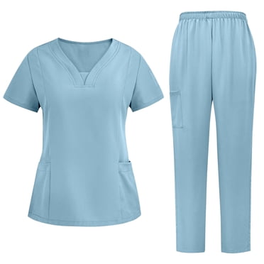 yoeyez Ensemble de Sarraus d'Infirmière pour Femmes Jogger, Robes Unies Lavables à la Main pour Femmes à Manches Courtes Tenue de Travail d'Infirmière Ensemble Séparé Costume avec Poche Bleu Pâle