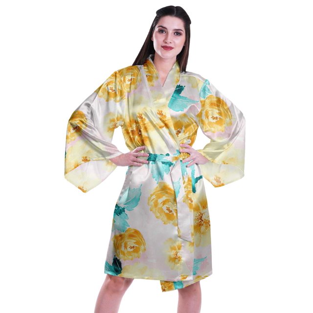 Moomaya Peignoirs Imprimés pour Femmes à Manches Kimono en Satin Soyeux pour la Préparation, Peignoir de Mariée, Couvre-Maillot
