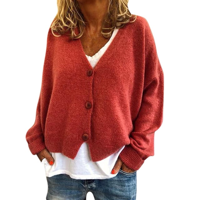 XZNGL Cardigan pour Femmes Chandail Mode Femmes Uni Col en V Boutons Décontracté Extensible Tricoté Cardigan Manteau