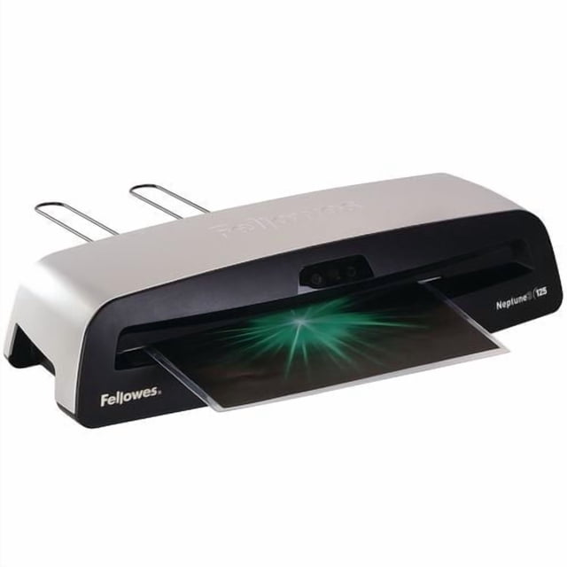 Fellowes® Neptune™3 125 Laminator with Pouch Starter Kit shown in a front 3/4 view with black and silver casing and Fellowes branding. It features rapid 1-minute InstaHeat warm-up, AutoSense pouch thickness detection, and an advanced pouch tracking system to prevent mis-feeds. Suitable for laminating hot pouches up to 7mil thick and cold pouches, ideal for office and school document protection.