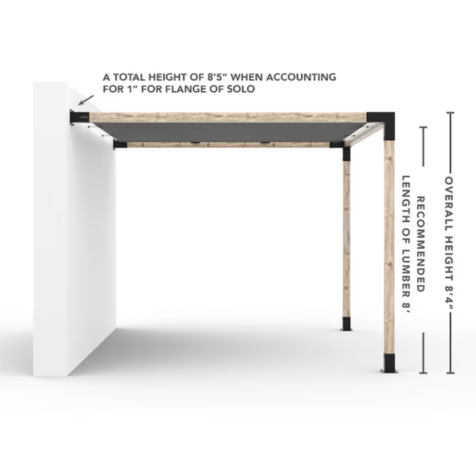 Kit de pergola murale Toja 8'x8' avec voile d’ombre en graphite pour poteaux en bois 4x4