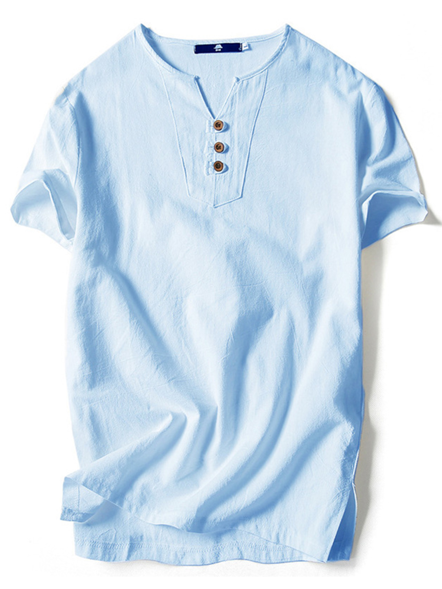 UKAP Mens Tees Cotton Linen T Shirt Retro Style Tops Simple Work Tunic Sky Blue-3 2XL