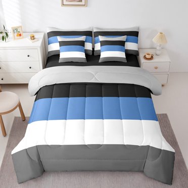 YST Ensemble de Literie Patchwork à Rayures, Moderne Simple, Simple, Bleu Noir Gris Foncé, 7 Pcs, Doux et Léger