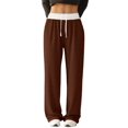 thumbnail image 1 of Women'S Contrast Color Waistband Sweatpants Wide Leg Pants with Drawstring Buckle Brown L, 1 of 8