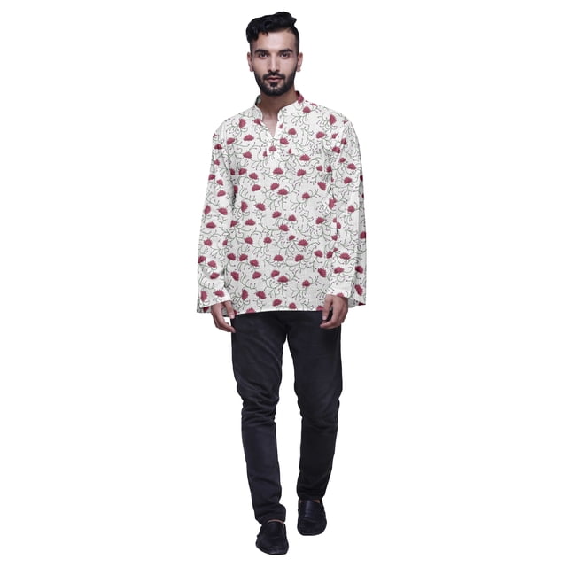 Atasi Kurta Décontractée Imprimée à Col Chinois Chemise Ethnique Kurta Courte pour Homme Tunique