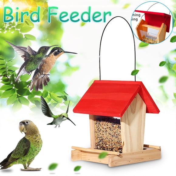 Wooden Bird Feeder Rainproof Hanging for Balcony or Courtyard, Large Tray Easy to Clean, No Assembly, Outdoor Bird Watching