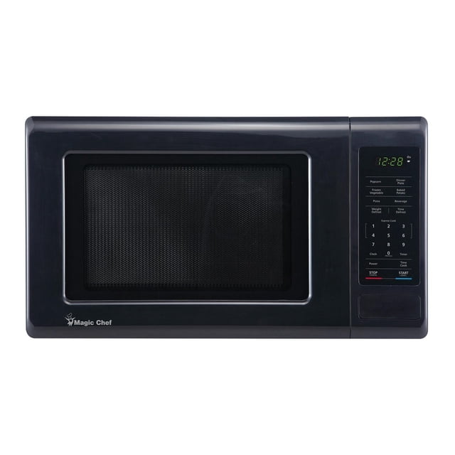 Magic Chef 0.9 cu. ft. countertop microwave 900-watt in black with a front-facing rectangular door with mesh window and digital touch control panel on the right displaying a green LED clock, numeric keypad, and six preprogrammed cooking modes including popcorn, pizza, and defrost by weight or time, ideal for compact kitchens or dorm rooms.