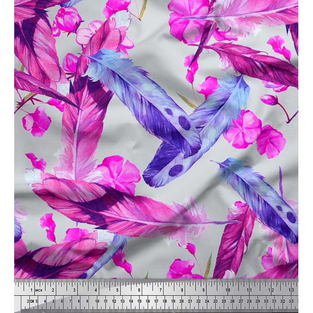 Soimoi Moss Georgette Fabric Flowers & Feather Printed Fabric 1 Yard 42 Inch Wide