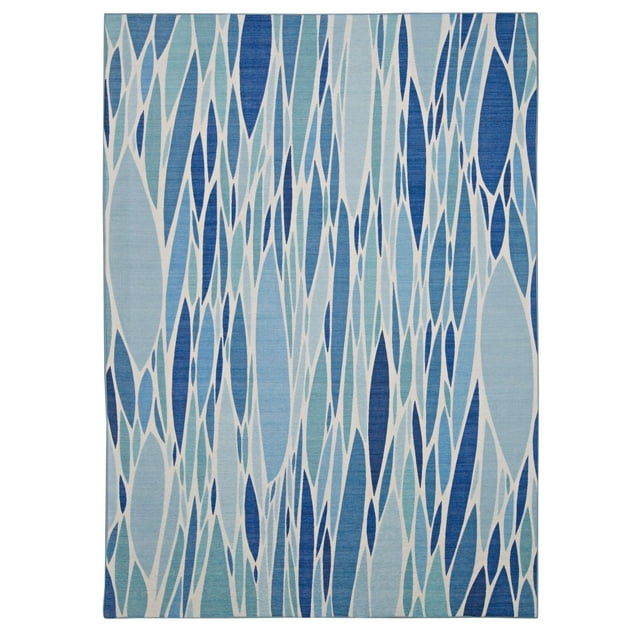 Tapis d'Extérieur Lavable en Pompano Bleu et Ivoire 5 Pieds x 7 Pieds avec Motif Abstrait d'Ovales Allongés Bleus et Ivoire. Ce Tapis à Poil Plat, Résistant aux UV, Est Lavable à la machine avec un Endos Antidérapant, Idéal pour les Zones à Fort Passage Intérieur et Extérieur et Convient aux Maisons Occupées avec des Animaux de Compagnie et des Enfants.