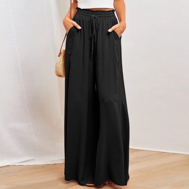 Jsaierl Womens Casual Wide Leg Pants Ruffle Elastic Drawstring Palazzo Pants Loose Comfy Trousers with Pockets