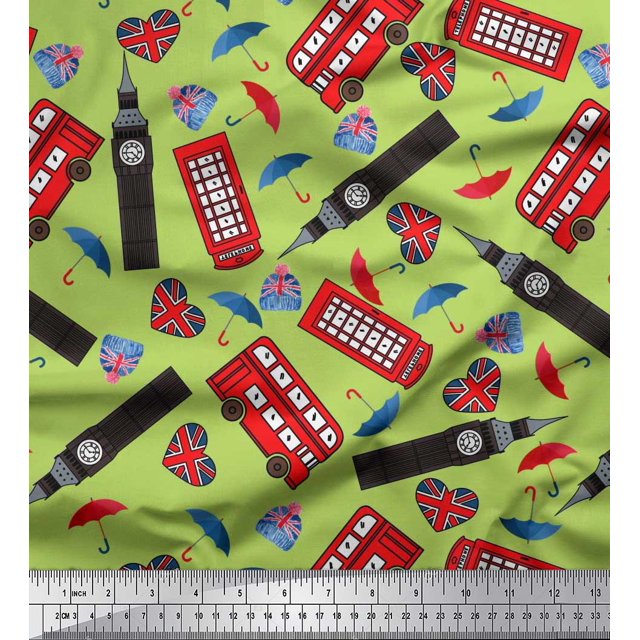 Soimoi Poly Georgette Fabric Bus,Telephone Booth & London Clock Tower Architectural Print Fabric by The Yard 42 Inch Wide