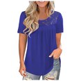 thumbnail image 2 of MRULIC T-Shirts pour Femmes Mode Dentelle Unie Col Rond Manches Courtes T-Shirt Blouse Hauts T-Shirts Femmes Bleu + 4TG, 2 of 3