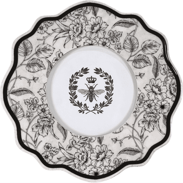 Crystal Art Gallery by Heather Myers 7" Round Scalloped Photo Frame – White & Black Toile with Crowned Bee Motif, Wall or Tabletop