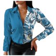 thumbnail image 1 of Pompotops Long Sleeve Shirts For Women Button Down V-Neck Floral Graphic Contrast Color Novelty Fall Blouses, 1 of 1