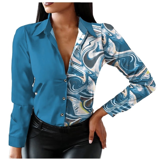 Pompotops Long Sleeve Shirts For Women Button Down V-Neck Floral Graphic Contrast Color Novelty Fall Blouses