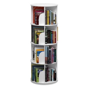 Intexca 360° La bibliothèque rotative – 4-Tier Organisateur de stockage modulaire, plateau en bois empilable pour livres, décor, bureau & Sommaire – Blanc, facile d'assemblage, design d'espace-sauvetage