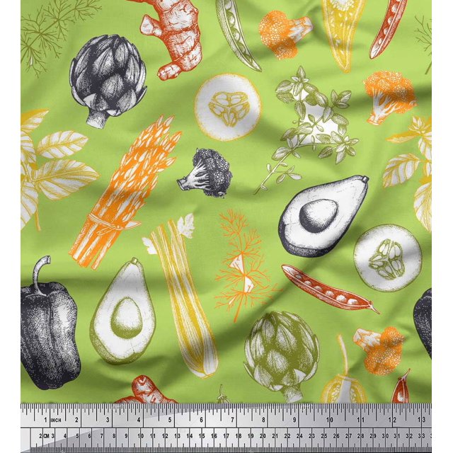 Soimoi Green Rayon Fabric Mixed Vegetable Print Fabric by the Yard 56 Inch Wide