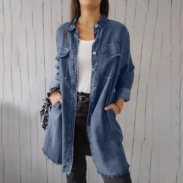 Amzcrzy Denim Jacket Women's Solid Color Washed Denim Washing Process Long Shirt Casual Denim Jacket Jean Jacket Jackets for Women Womens Long Sleeve Tops Womens Jacket Women's Clothing Womens Tops