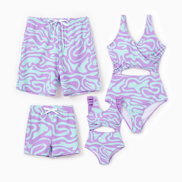 PatPat Family Matching Trendy Purple & Blue Wave Print Swim Trunks or Midriff Cutout One-Piece Swimsuit