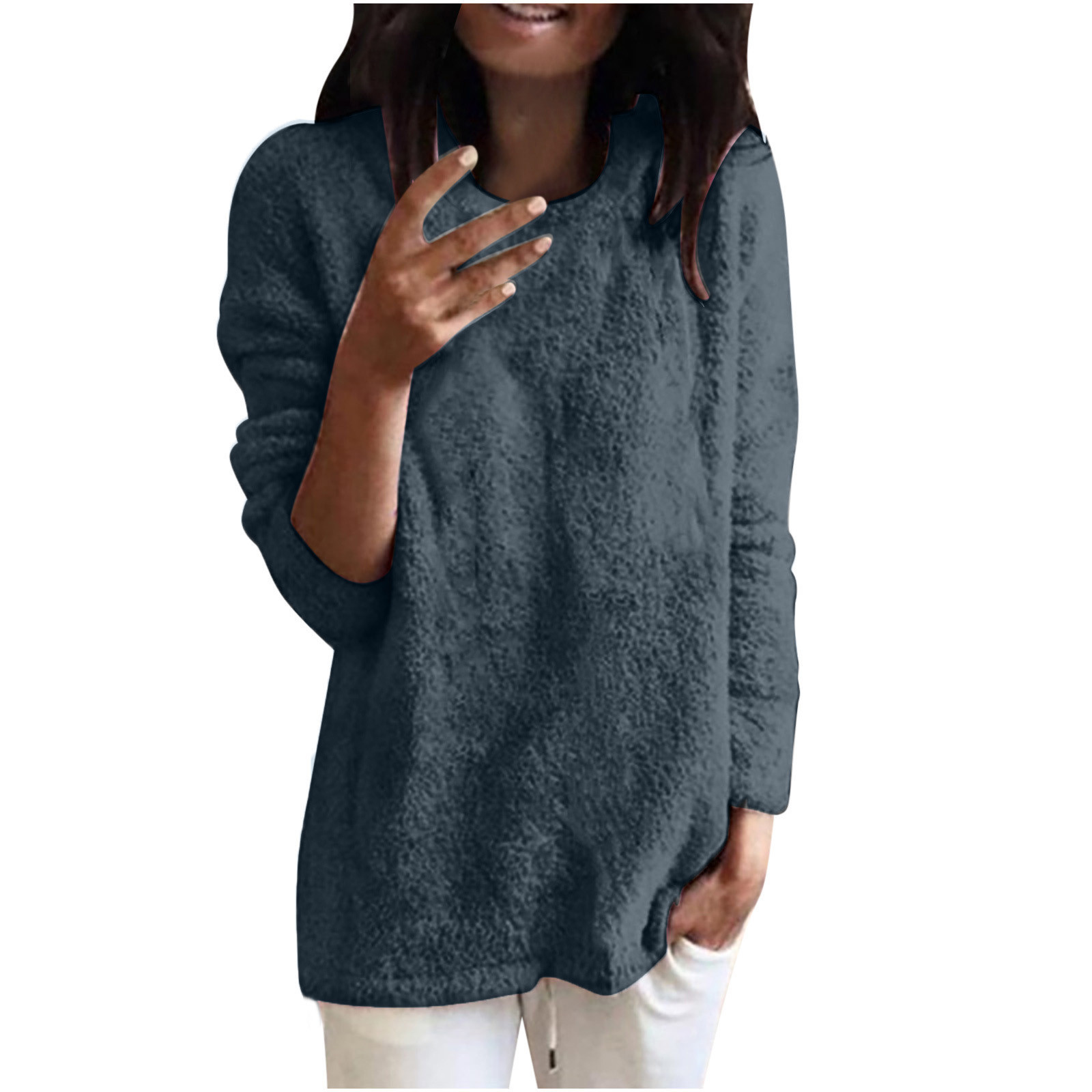 AherBiu Plus Size Tops for Women Long Sleeve Fall Comfy Warm Sweaters Crewneck Fleece Fuzzy Pullover Tops