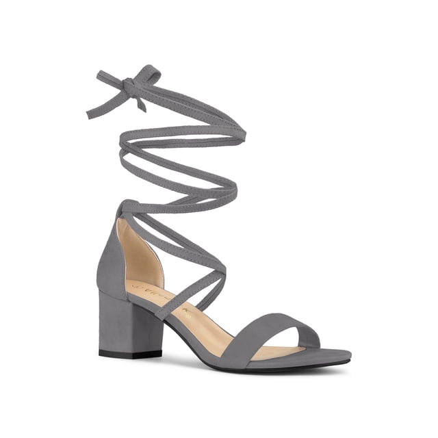 BLISSFUL STEP Women's Open Toe Lace up Sandals Mid Block Heels Sandals Grey 9
