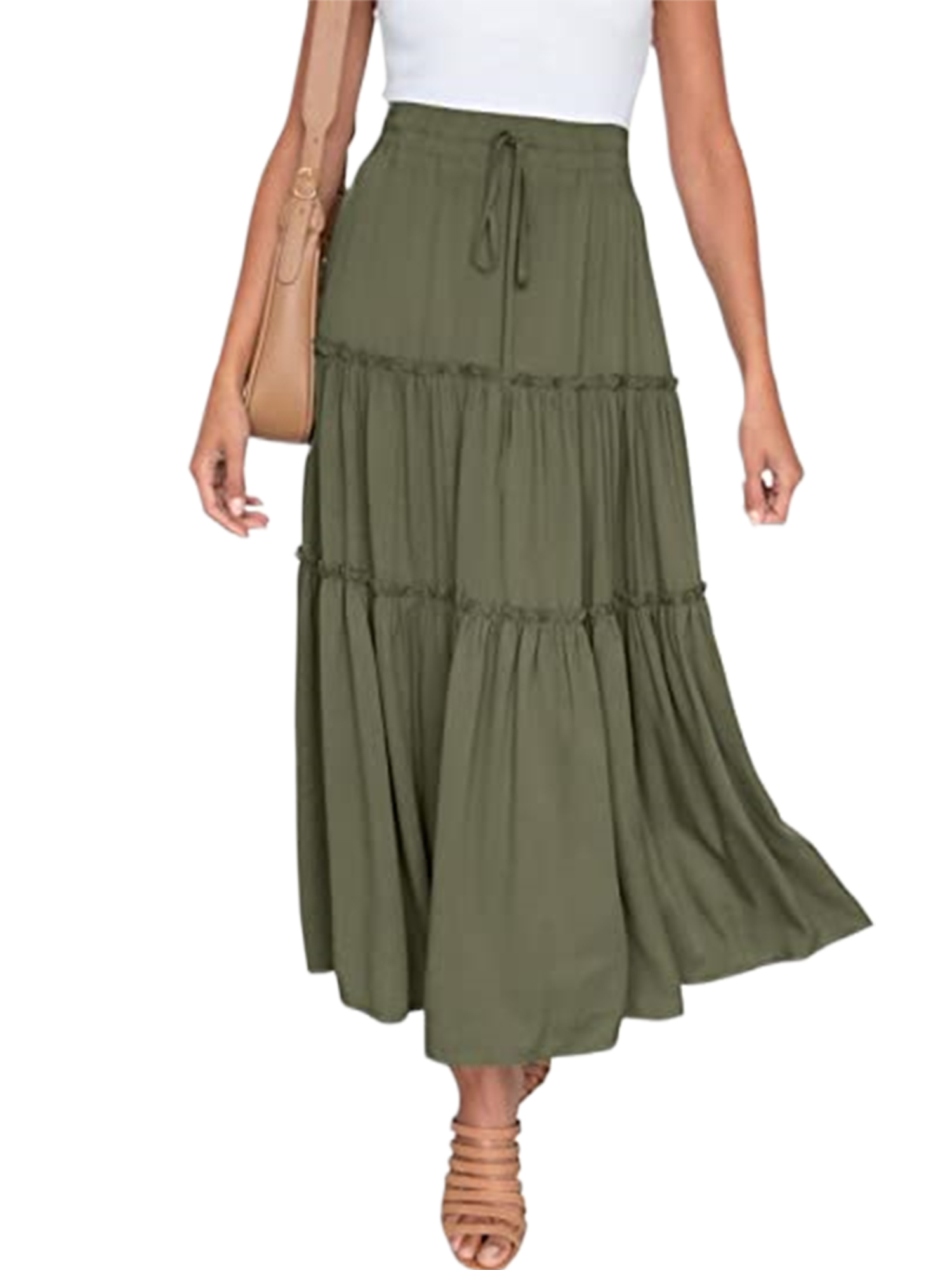 LUXUR Women Skirts Swing Midi Skirt Ruffle Flowy High Waist Army Green M