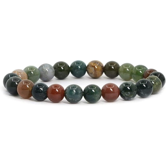 Bracelet Extensible en Perles Rondes de 8 mm en Agate Indienne Multicolore Naturelle, Mettant en Valeur des Pierres d'Agate Multicolores Polies dans des Tons Vert, Brun et Gris. Ce Bracelet Fait à la Main Est Unisexe, Convient aux Hommes et aux Femmes, et Mesure Environ 7 Pouces de Longueur. Comprend une Pochette de Rangement.