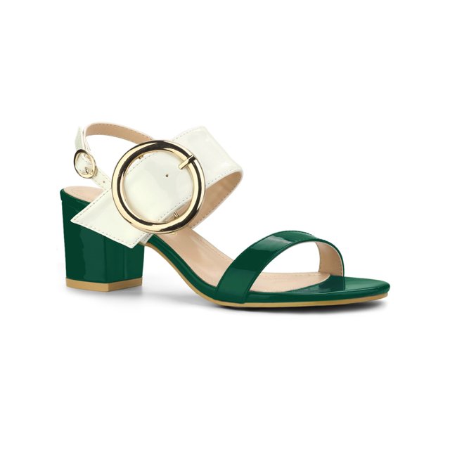 BLISSFUL STEP Slingback Contrast Color Chunky Heel Big Circle Buckle Heeled Sandals Green White 7