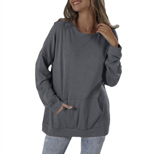 Pompotops Casual Femmes Couleur Unie Col Rond Poche en Vrac Sweat à Manches Longues