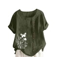 thumbnail image 1 of Pisexur Hauts pour Femmes Décontractés en Lin Col Rond Grande Taille Imprimé Manches Courtes T-shirt Blouse, Hauts d'Été pour Femmes Vert Armée, 2TG, 1 of 4