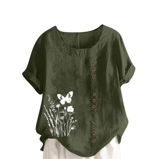 Pisexur Hauts pour Femmes Décontractés en Lin Col Rond Grande Taille Imprimé Manches Courtes T-shirt Blouse, Hauts d'Été pour Femmes Vert Armée, 2TG