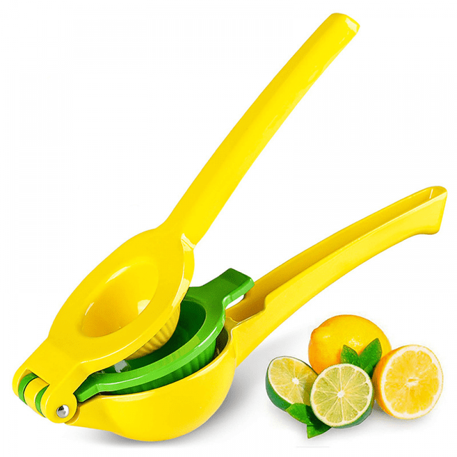 Presse-agrumes 2-en-1 pour Citron et Lime - Presse-Agrumes Manuel avec un design Robuste en Métal Jaune et Vert et des Poignées Ergonomiques. Ce Presse-Agrumes Manuel Jus Efficacement Citrons, limes et Petites oranges, Assurant Sans Graines dans le Jus. Idéal pour les Cuisines et bars à la Maison, Exposé avec des Tranches de Citron Frais et de Lime.