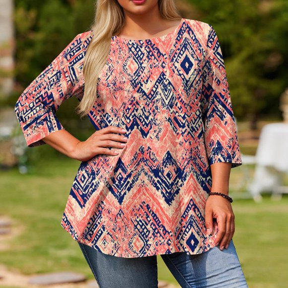 Craaazy Women's Casual Prints Plus Size Round Neck 3/4 Sleeve Loose Top Oversize Summer Vacation Clothes(XL-5XL) Gifts