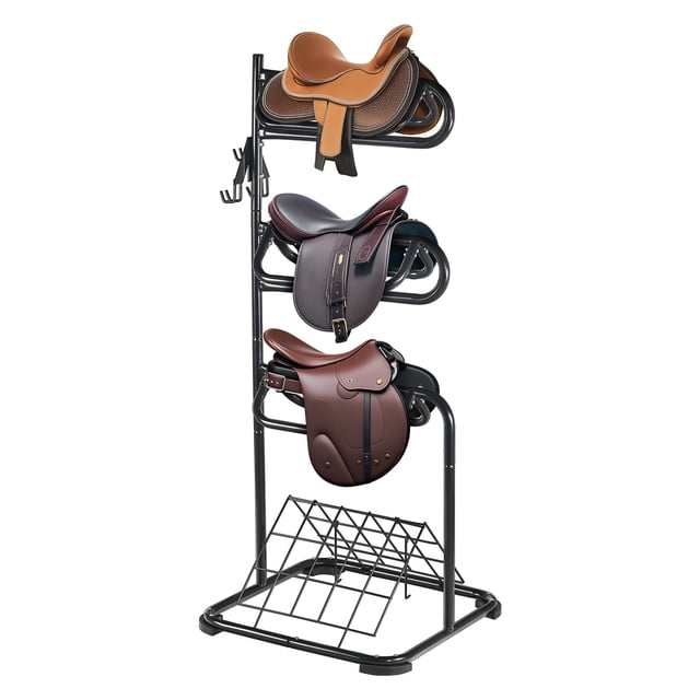 VEVOR Support de Selle Autoportant à 3 Niveaux, Convient aux Selles Anglaises et Western, Ainsi Que le Rangement Multifonctionnel. le Support en Acier Noir Présente une Finition Résistante à la Rouille, une base stable avec un Filet Inférieur pour un Rangement Supplémentaire, et des Crochets Latéraux pour Fixer Ou d'Autres Accessoires. Idéal pour les Écuries, les garages Ou les Aires de Rangement. les Dimensions Sont 30 x 30 x 68,5 Pouces.