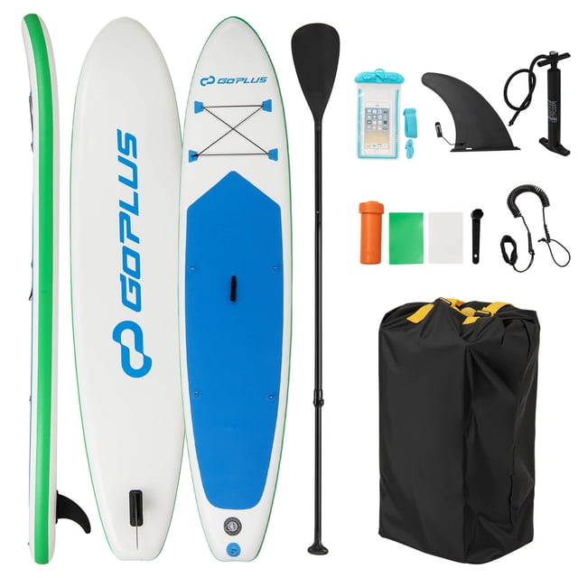 Goplus 11' Inflatable Stand Up Paddle Board with accessories including an adjustable paddle, hand pump, safety leash, removable fin, repair kit, waterproof phone case, and a backpack. The board features a blue non-slip EVA deck, laminated PVC sidewalls, and a reinforced drop-stitch core for durability. It includes a bungee storage area, stainless steel D-rings, and a carrying handle. The paddle board is designed for stability and control with a detachable center fin and adjustable paddle. Suitable for water sports enthusiasts, it supports up to 310 lbs and inflates to 12-15 PSI.