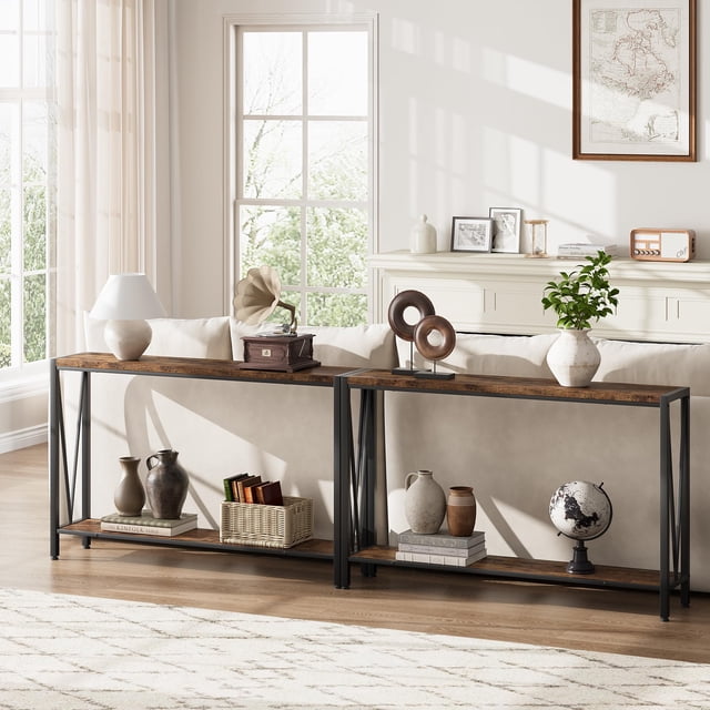 BeesClover Table d'Appoint Table d'Entrée Console à 2 Niveaux avec Rangement Table Étroite pour Sofa avec Design en V Console Industrielle de 43 Pouces pour Couloir Entrée Salon Vestibule Corridor Bureau