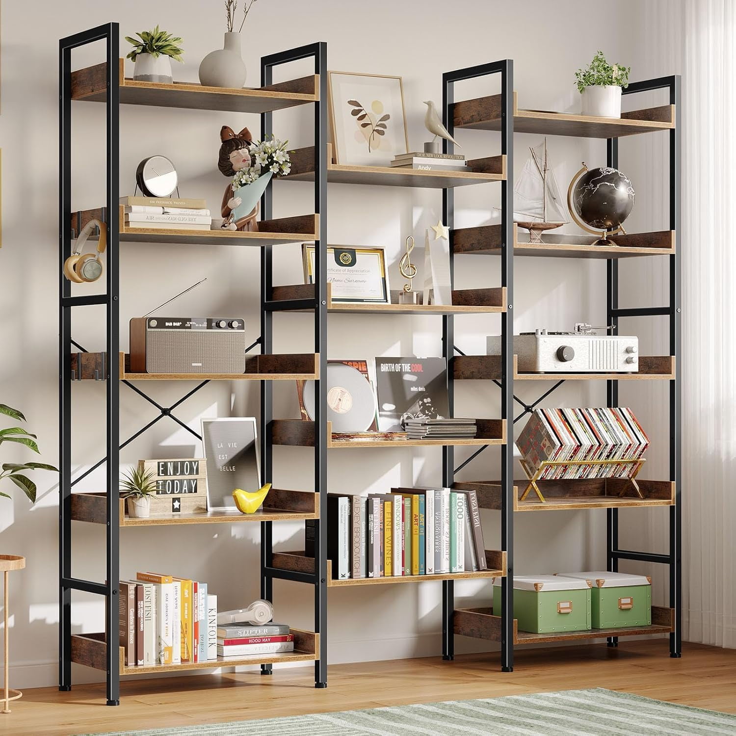 Industrial 5 Tier Shelf Bookshelf, Display Book Shelf, Wide Bookcase, Rustic Wooden Shelving Unit, for Bedroom, Living Room, Office