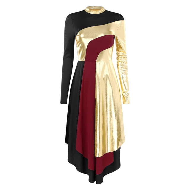 RUNQHUI Robe de Danse Or Métallique pour Femmes Robe d'Église Jupe de Culte Noire TG