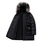 hoksml Men's Mid-Length Parka with Detachable Hood Heavyweight Quilted Insulated Winter Coat Solid Color Outdoor Jacket