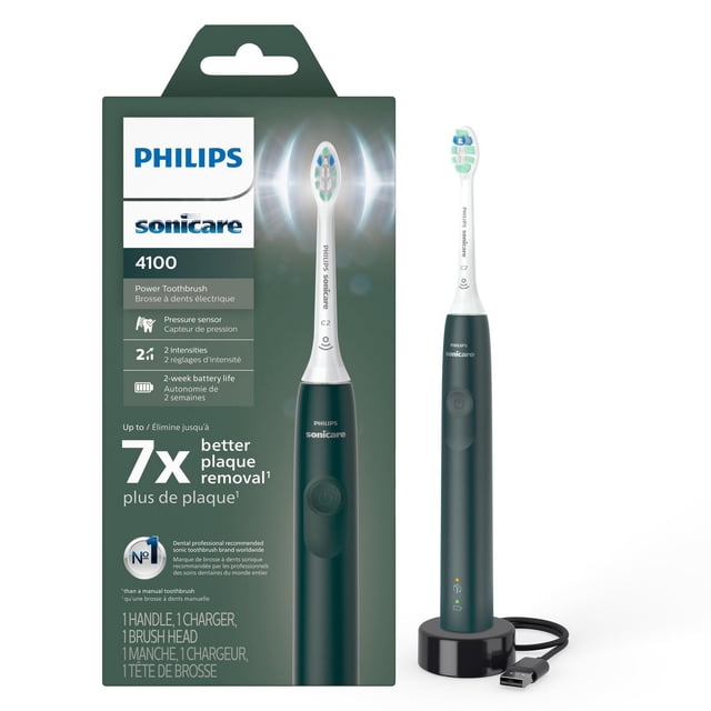 Philips Sonicare 4100 rechargeable toothbrush in forest green with a slim ergonomic handle, pressure sensor, two intensity settings, and a white Optimal Plaque Control brush head, shown on a black USB charging base, designed to remove up to 7x more plaque than a manual toothbrush and provide a two-week battery life.