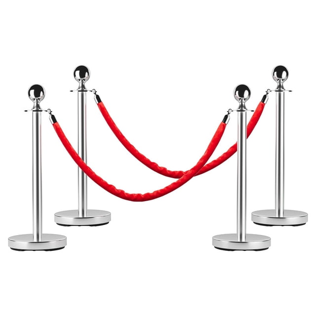 TROPOW Stainless Steel Stanchion Set with 5FT Red Velvet Ropes – 4PCS Crowd Control Barriers, Gold Posts with Weighted Bases
