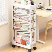 AHMT 5 Tier Movable Bookshelf Bookcase Removable Book Rack Plastic Rolling Storage Organizer Shelf Mobile Bookshelf with Wheels for Office Living Room Home Kitchen School(White)