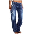 thumbnail image 1 of Bigersell Straight Jeans Women High Waisted Ripped Jeans with Destroyed Hole Straight Leg Jeans Full Length Denim Pants Trousers Button Closure BlueXL, 1 of 8