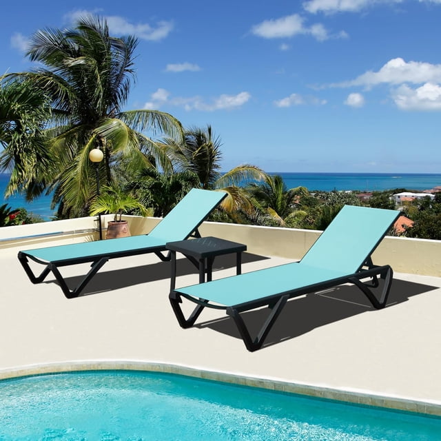 Domi Outdoor Living Aluminum Chaise Lounge Chairs Set of 3, Adjustable Poolside Recliners with Wheels & Side Table, Durable Textilene & All-Weather Design for Canadian Patio, Deck, Backyard,Lake Blue