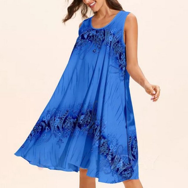 HKEJIAOI Liquidation d'Économies Robes Décontractées pour Femmes Cadeau de la Saint-Valentin Mode d'Été pour Femmes Décontractée Robe Midi à Col Rond Sans Manches à Fleurs Robe de Plage Ample Robe d'Été Bleue