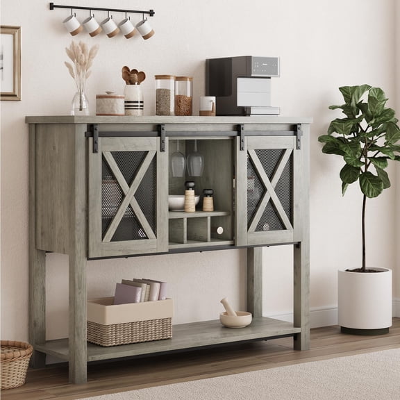 BeesClover Coffee Bar Cabinet, Console Entryway Table with Storage, Farmhouse Sideboard Buffet Cabinet with Sliding Barn Doors, Wine Liquor Cabinet with Racks for Kitchen, Hallway, Living Room