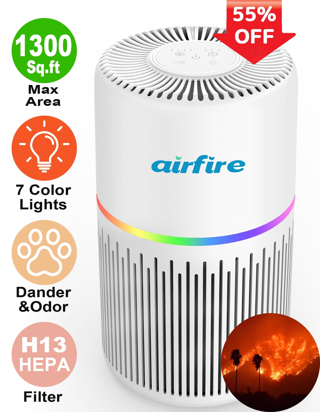 AIRFIRE Air Purifiers for Home up to 1300sq.ft, HEPA Air Purifiers for Bedroom, Pollen, Wildfire/Smoke, Pet Dander&Odor, AP206, White