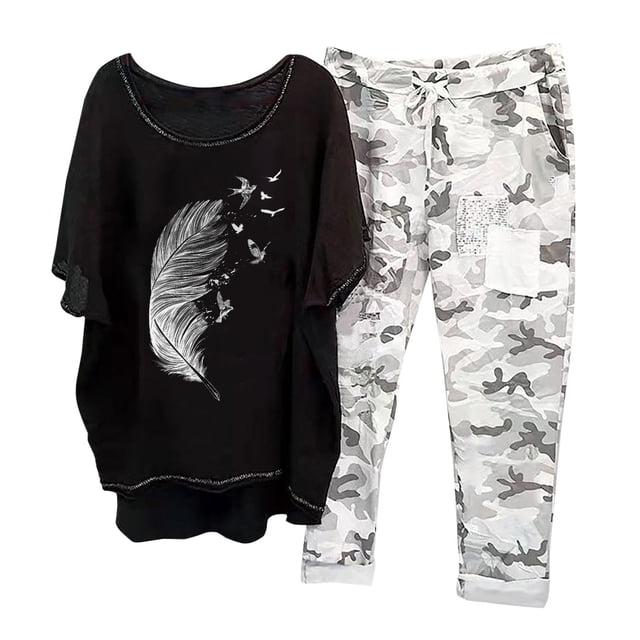 Ensembles 2 Pcs pour Femmes Imprimé Col Ras du Cou Manches Mi-Longues Chandail à Enfiler Hauts + Pantalons Ensemble Tenues pour Femmes Ensembles 2 Pcs en Liquidation