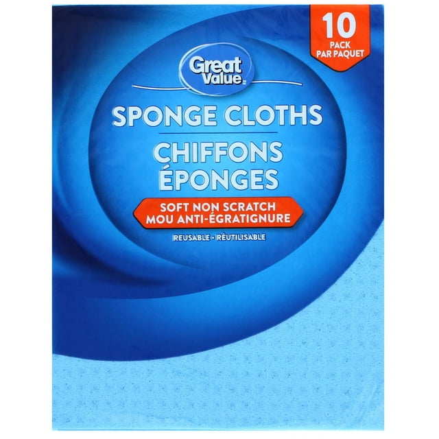 Great Value Sponge Cloths 10 pack in blue packaging, soft, non-scratch, reusable kitchen cleaning cloths designed for non-abrasive cleaning on dishes, countertops, and household surfaces.